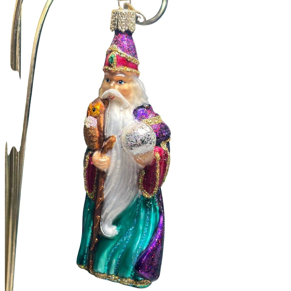 Old World Christmas Santa Ornament Purple Teal Glitter Owl Staff Crystal Ball